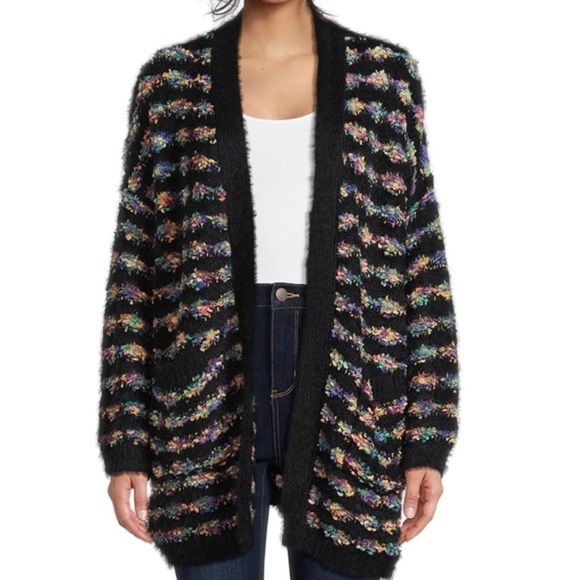 Dreamers Sweaters - Dreamers Sweater Women’s Medium Black Rainbow Oversized Open Front Cardigan